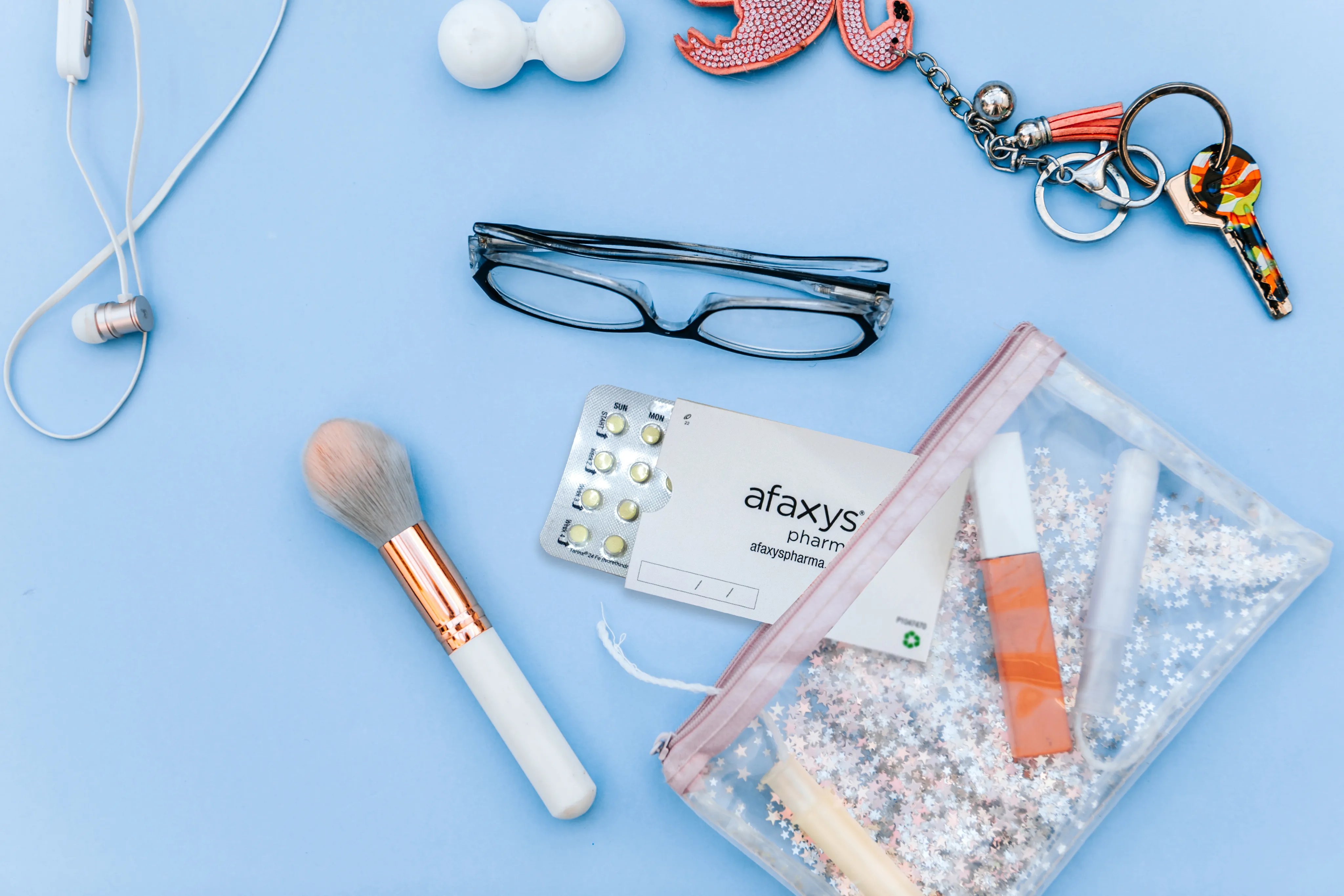 Bag contents including birth control pills
